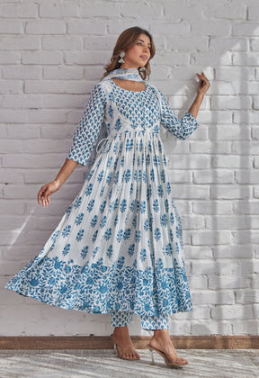 White Hand Block Printed Anarkali with Doriya Dupatta - Tara-C-Tara