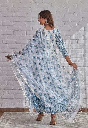 White Hand Block Printed Anarkali with Doriya Dupatta - Tara-C-Tara