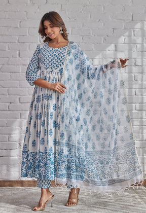 White Hand Block Printed Anarkali with Doriya Dupatta - Tara-C-Tara