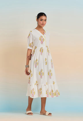 WHITE HAND BLOCK PRINTED CALF LENGTH DRESS - Tara-C-Tara