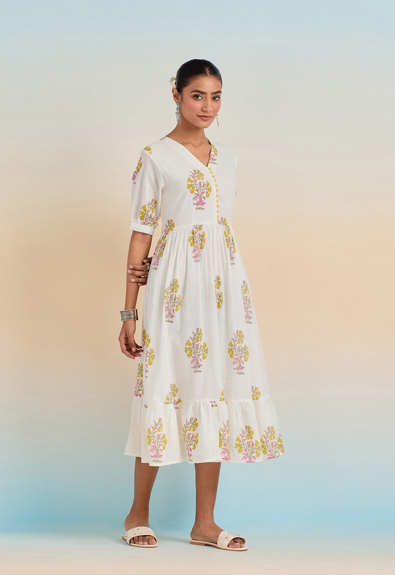 WHITE HAND BLOCK PRINTED CALF LENGTH DRESS - Tara-C-Tara