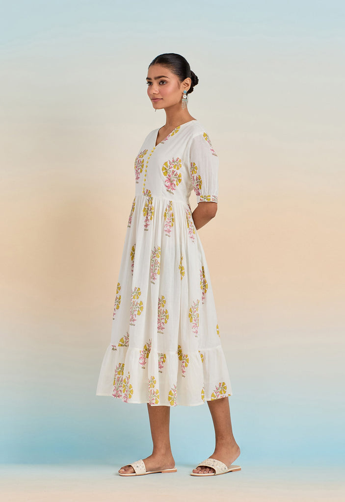 WHITE HAND BLOCK PRINTED CALF LENGTH DRESS - Tara-C-Tara