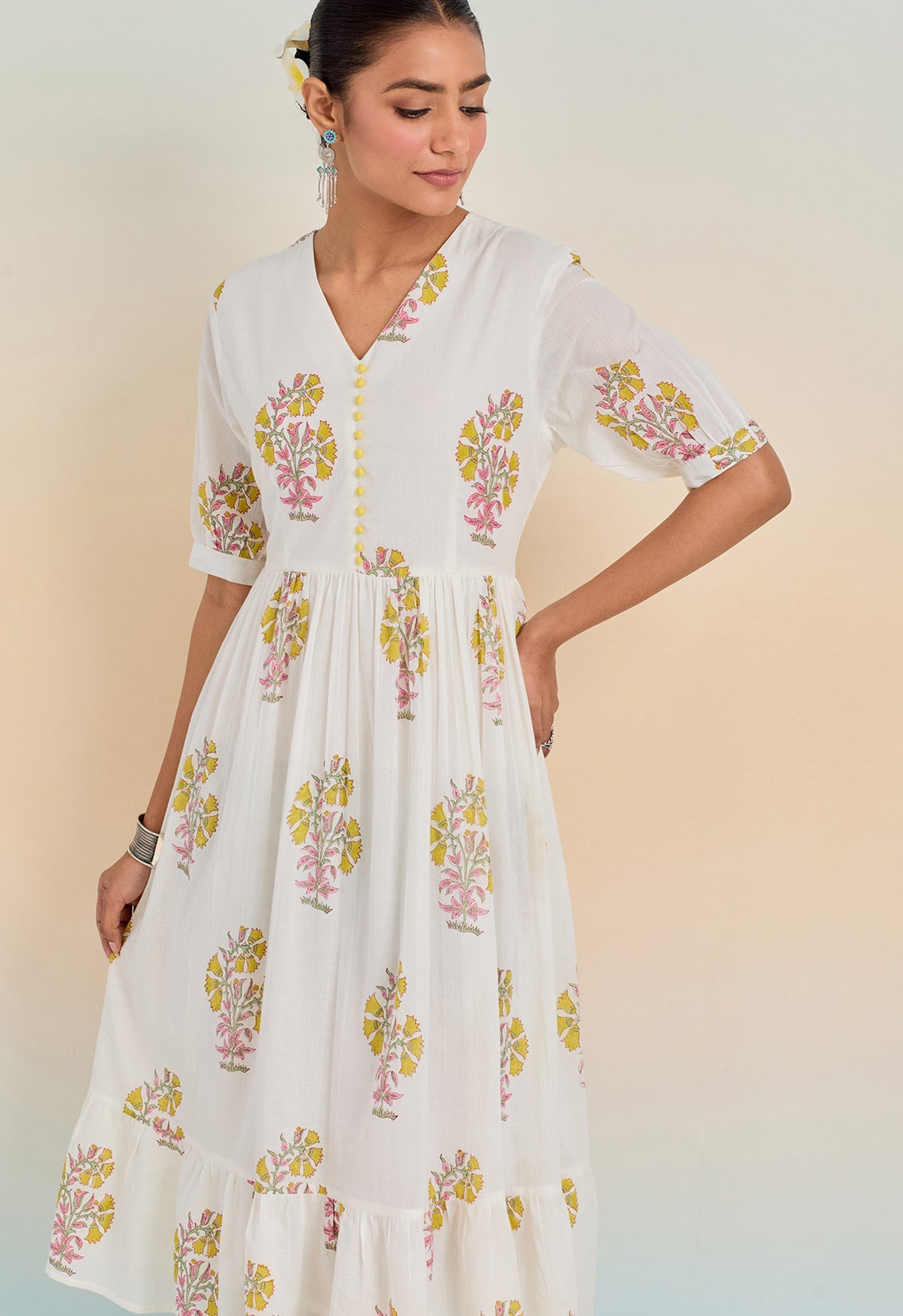 WHITE HAND BLOCK PRINTED CALF LENGTH DRESS - Tara-C-Tara