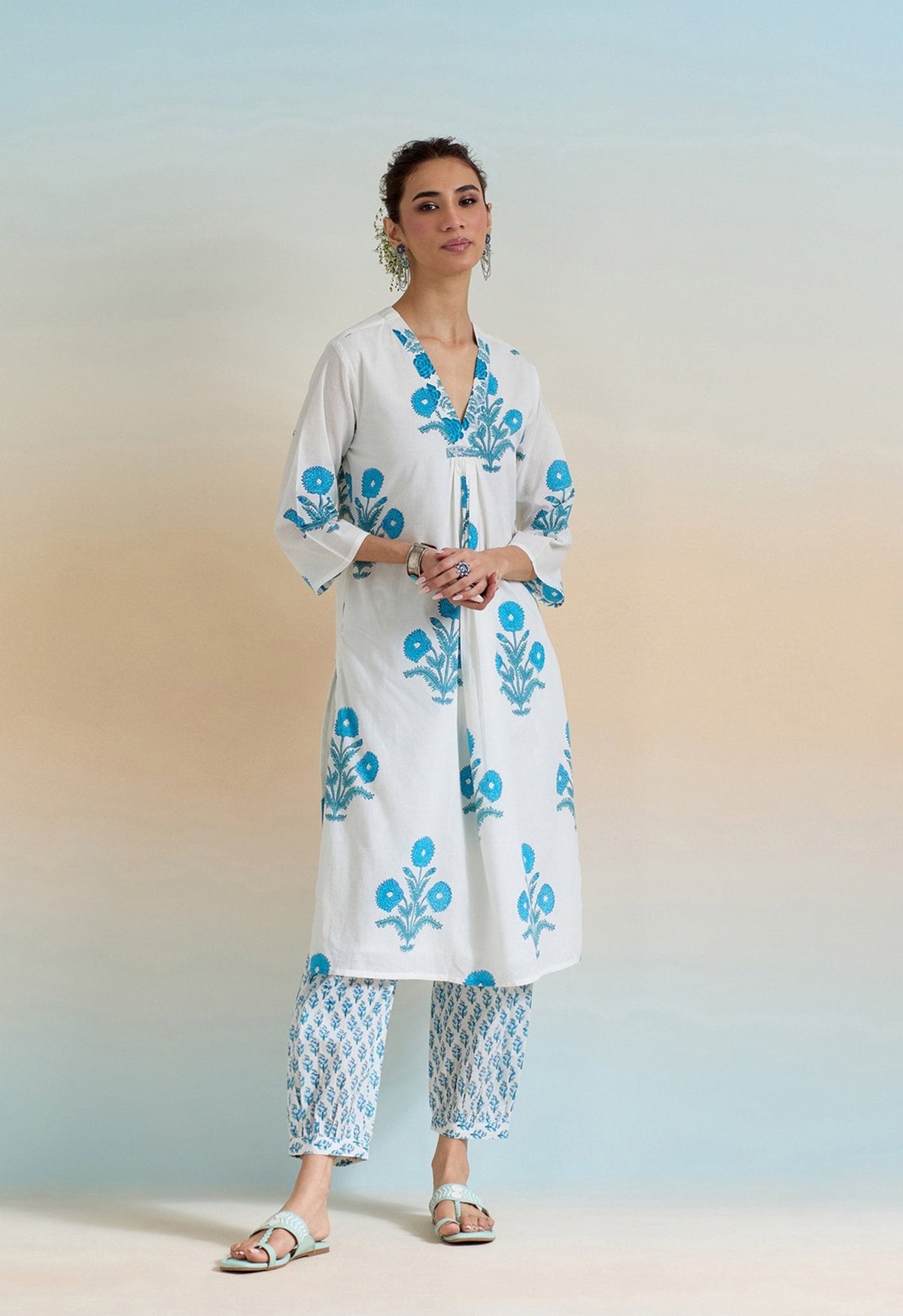 WHITE HAND BLOCK PRINTED COORD SET - Tara-C-Tara