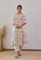 White Hand Block Printed Kurta set With Doriya Dupatta - Tara-C-Tara