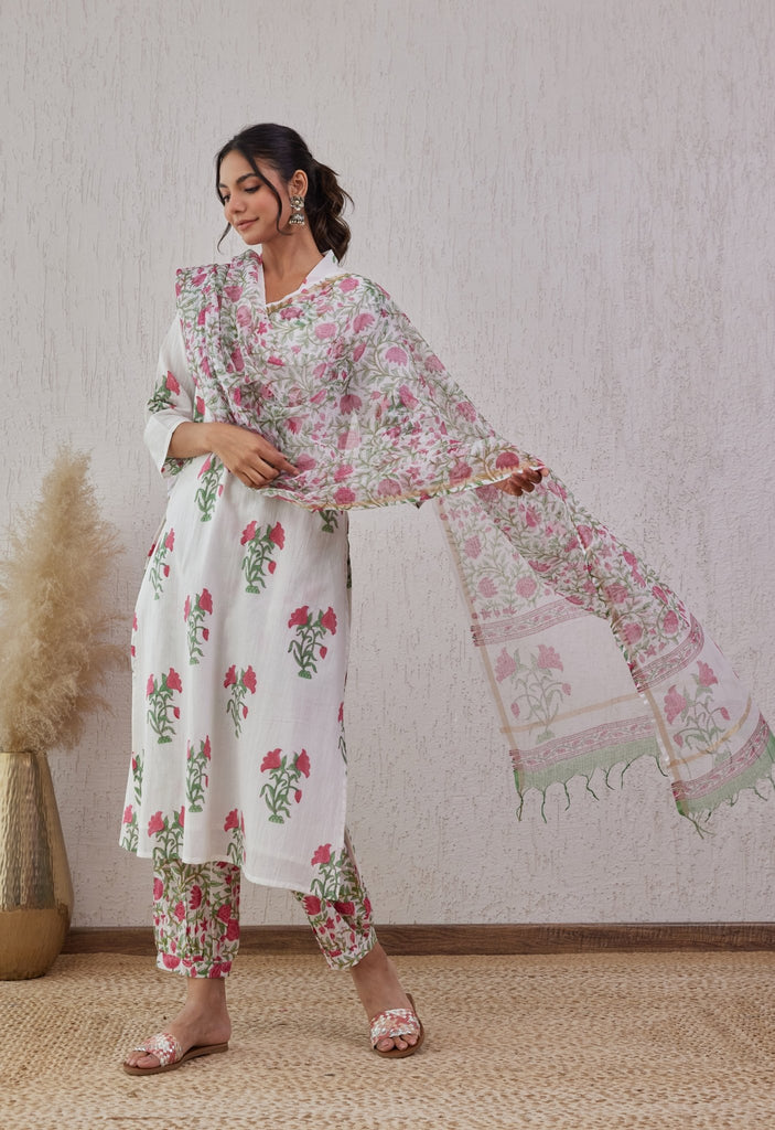 WHITE HAND BLOCK PRINTED KURTA SET WITH DORIYA DUPATTA - Tara-C-Tara