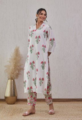 WHITE HAND BLOCK PRINTED KURTA SET WITH DORIYA DUPATTA - Tara-C-Tara
