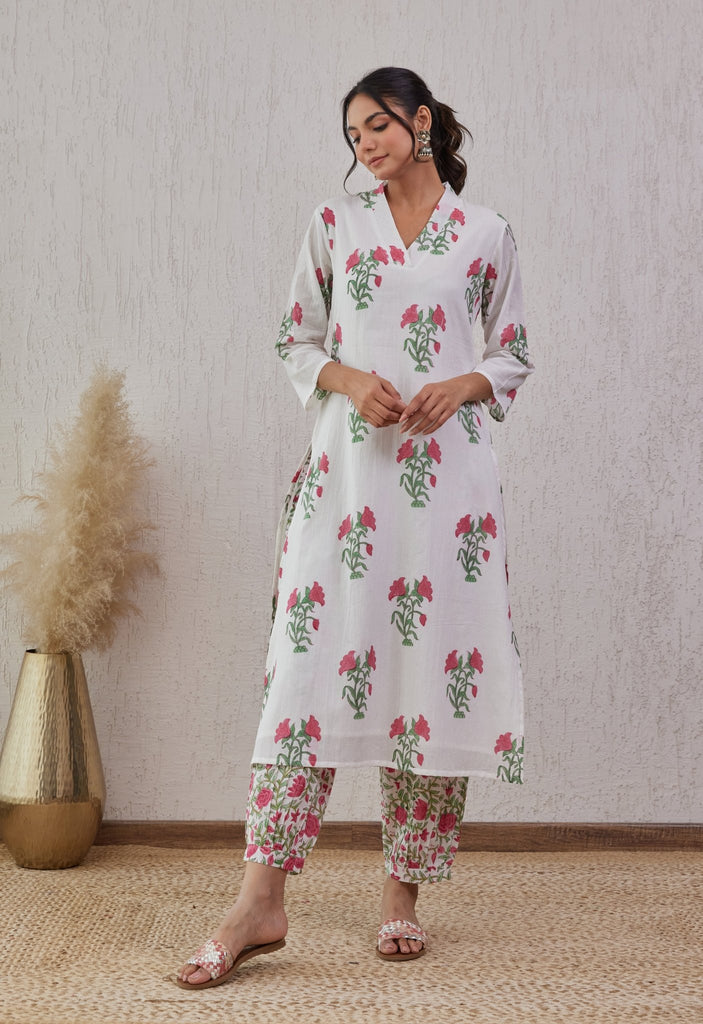 WHITE HAND BLOCK PRINTED KURTA SET WITH DORIYA DUPATTA - Tara-C-Tara