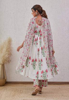 WHITE HAND BLOCK PRINTED KURTA SET WITH DUPATTA - Tara-C-Tara