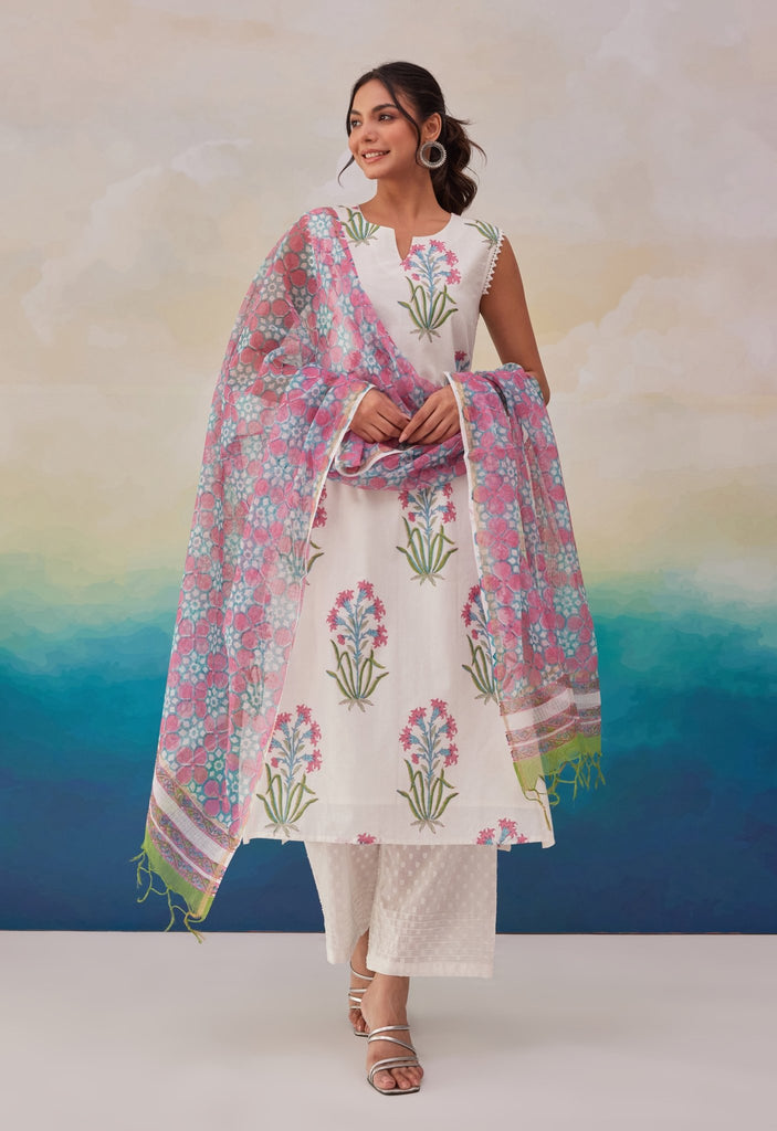 WHITE HAND BLOCK PRINTED KURTA SET WITH DUPATTA - Tara-C-Tara