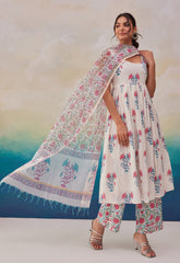 WHITE HAND BLOCK PRINTED KURTA SET WITH DUPATTA - Tara-C-Tara