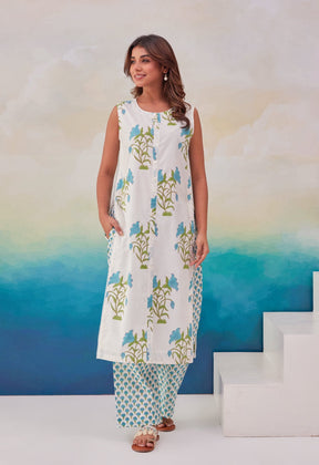 WHITE HAND BLOCK PRINTED KURTA WITH PALAZZO - Tara-C-Tara