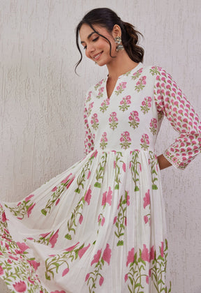 WHITE HAND BLOCK PRINTED TIERED DRESS - Tara-C-Tara