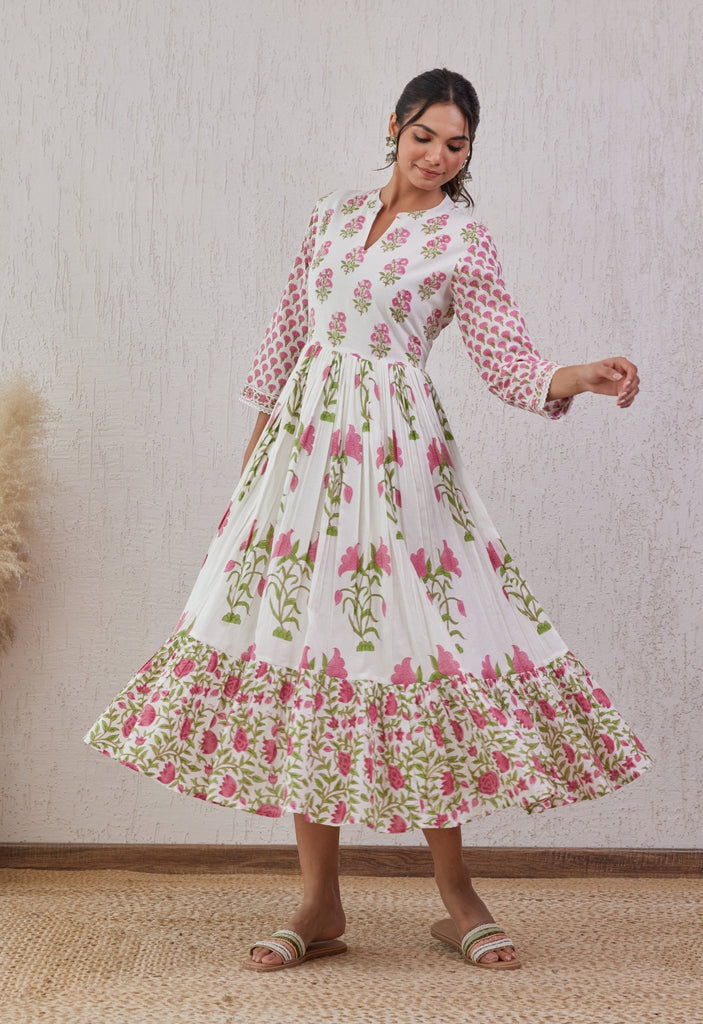 WHITE HAND BLOCK PRINTED TIERED DRESS - Tara-C-Tara