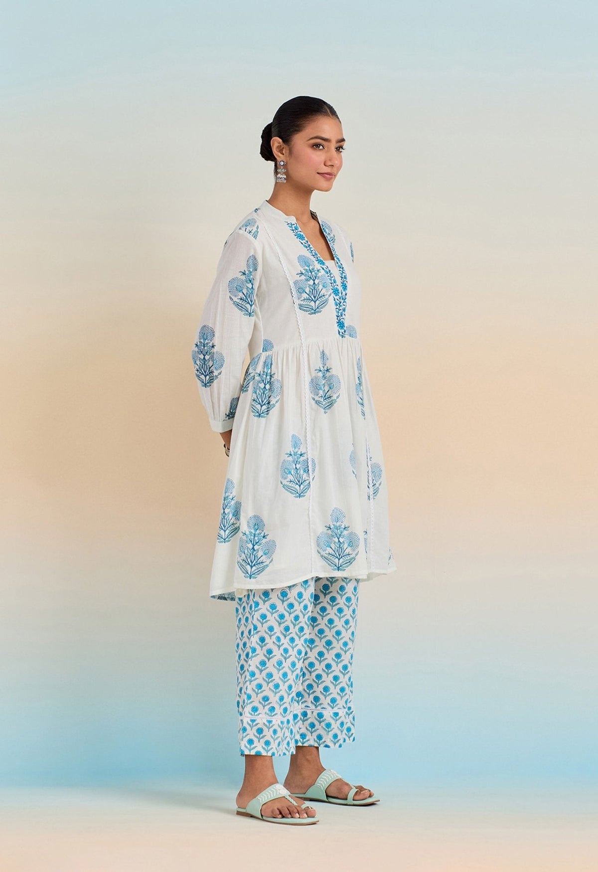 WHITE HAND BLOCK PRINTED V NECK COORD SET - Tara-C-Tara