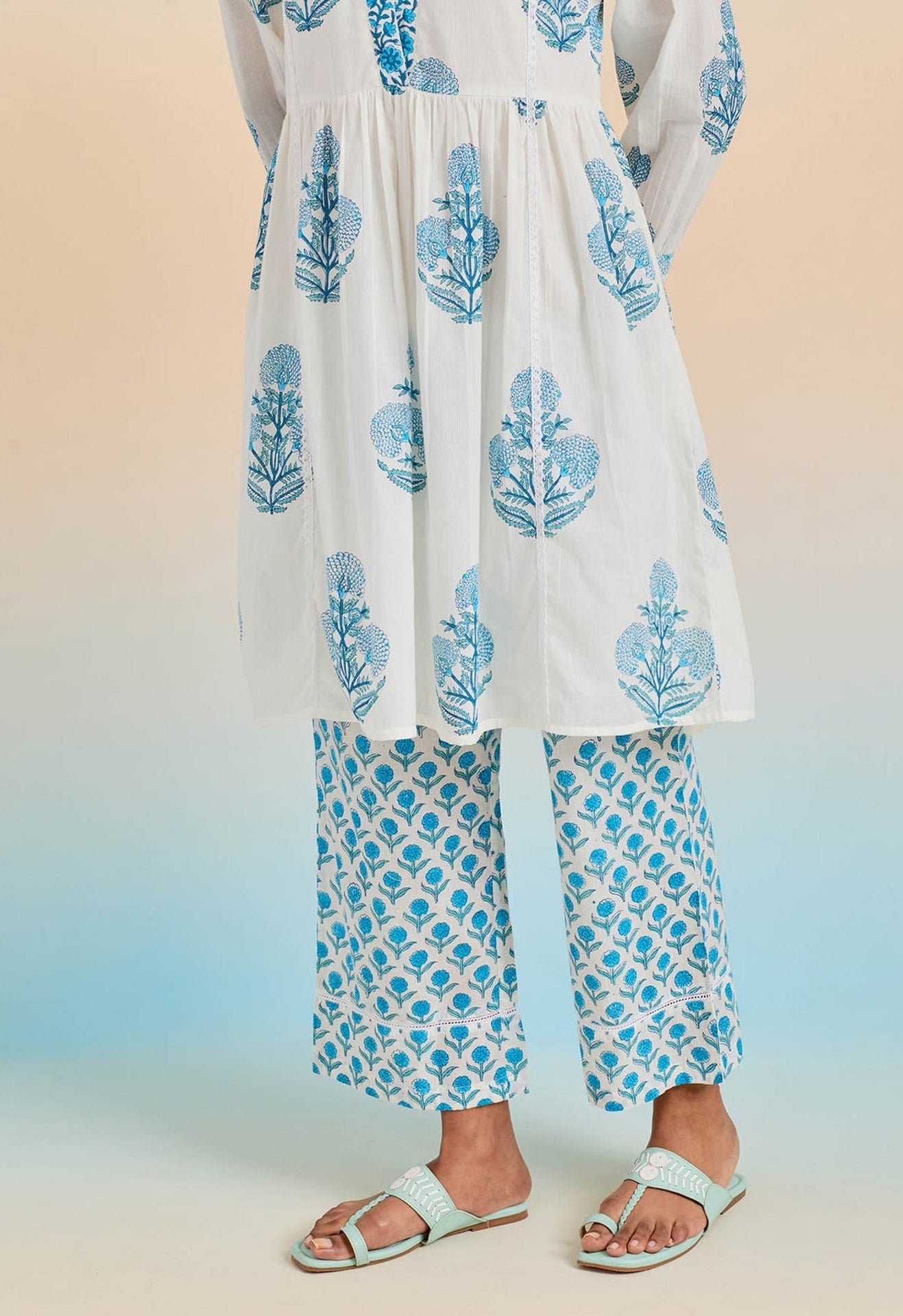 WHITE HAND BLOCK PRINTED V NECK COORD SET - Tara-C-Tara