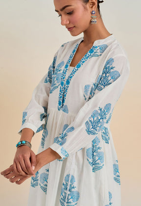 WHITE HAND BLOCK PRINTED V NECK COORD SET - Tara-C-Tara