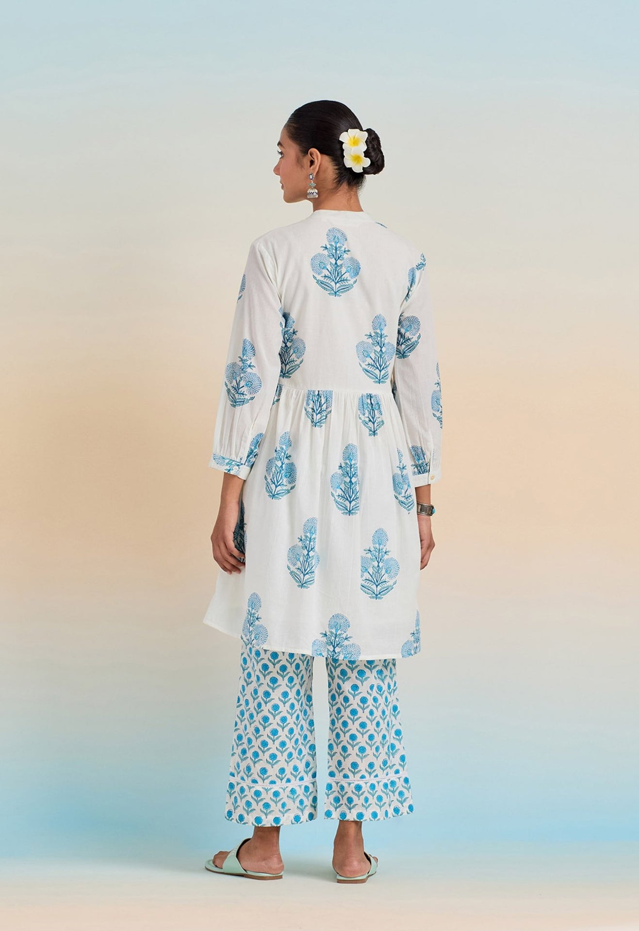 WHITE HAND BLOCK PRINTED V NECK COORD SET - Tara-C-Tara
