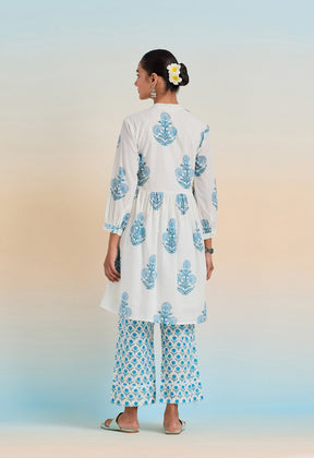 WHITE HAND BLOCK PRINTED V NECK COORD SET - Tara-C-Tara