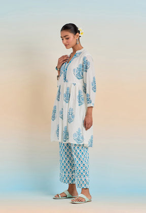 WHITE HAND BLOCK PRINTED V NECK COORD SET - Tara-C-Tara