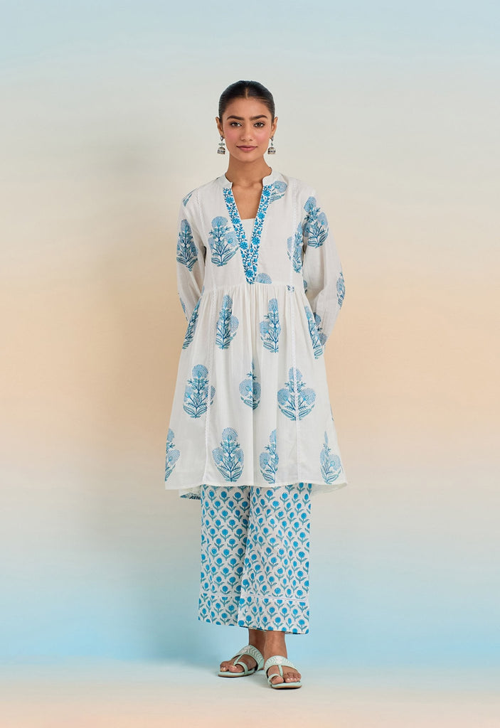 WHITE HAND BLOCK PRINTED V NECK COORD SET - Tara-C-Tara