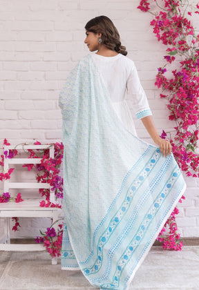 WHITE KHADI AND TURQOUISE HAND BLOCK PRINTED KURTA WITH DUPATTA AND BOTTOMS - Tara - C - Tara