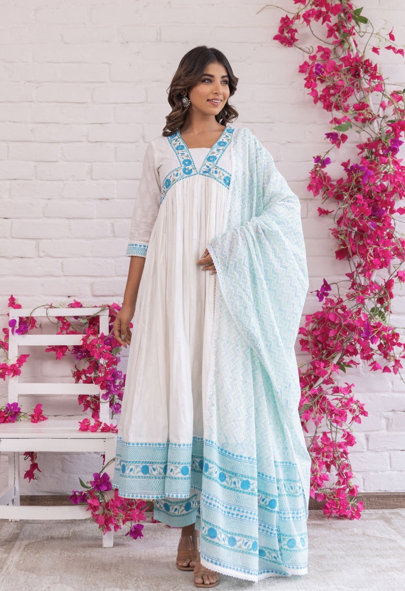 WHITE KHADI AND TURQOUISE HAND BLOCK PRINTED KURTA WITH DUPATTA AND BOTTOMS - Tara - C - Tara