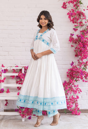 WHITE KHADI AND TURQOUISE HAND BLOCK PRINTED KURTA WITH DUPATTA AND BOTTOMS - Tara - C - Tara