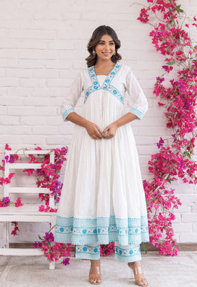 WHITE KHADI AND TURQOUISE HAND BLOCK PRINTED KURTA WITH DUPATTA AND BOTTOMS - Tara - C - Tara