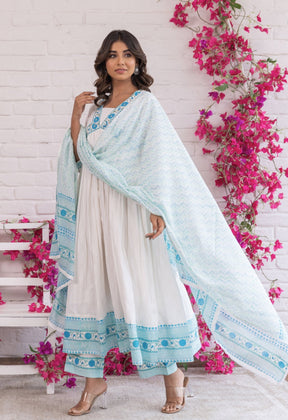 WHITE KHADI AND TURQOUISE HAND BLOCK PRINTED KURTA WITH DUPATTA AND BOTTOMS - Tara - C - Tara