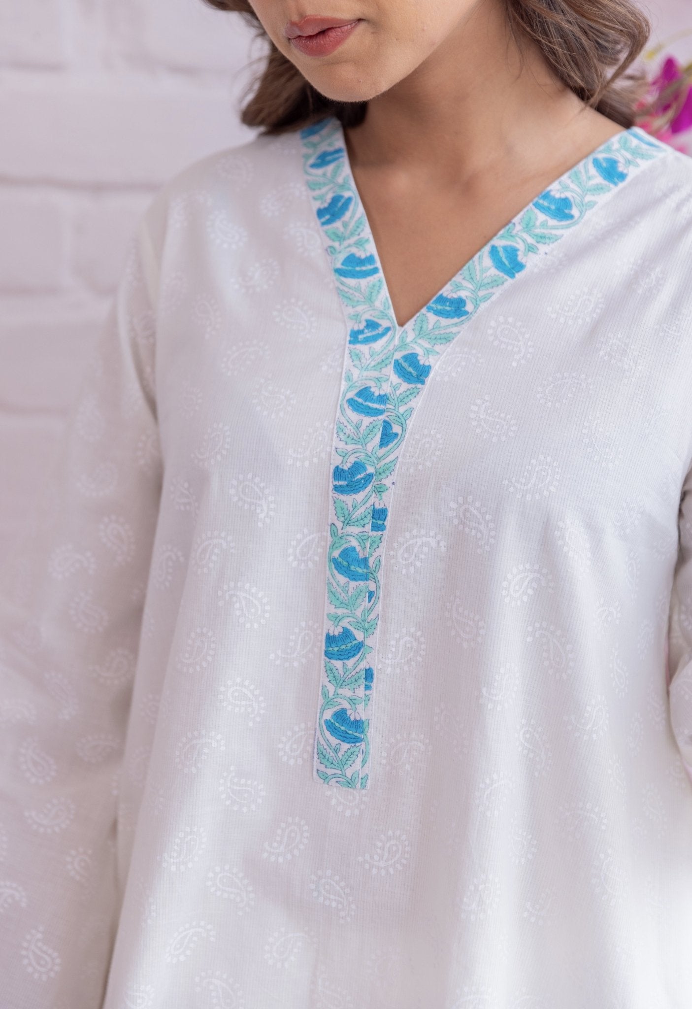 WHITE KHADI HAND BLOCK PRINTED COORD SET - Tara - C - Tara