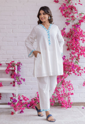 WHITE KHADI HAND BLOCK PRINTED COORD SET - Tara - C - Tara