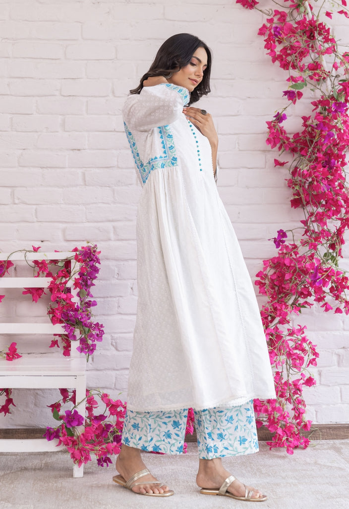 WHITE KHADI HAND BLOCK PRINTED COORD SET - Tara - C - Tara