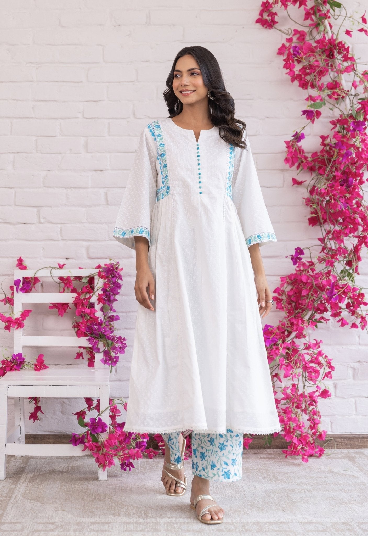 WHITE KHADI HAND BLOCK PRINTED KURTA - Tara - C - Tara