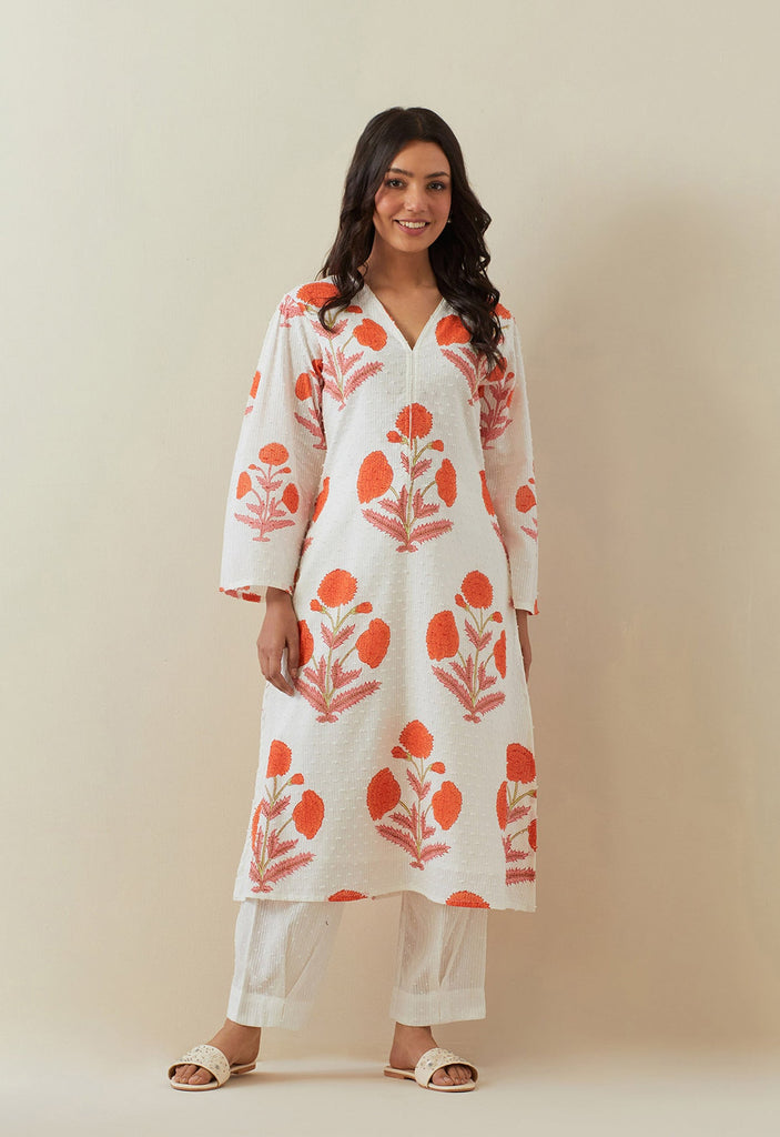 WHITE ORANGE HAND BLOCK PRINTED COORD SET - Tara - C - Tara