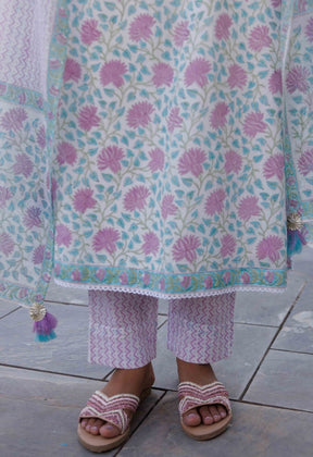 White Peony Strappy Hand block Suit Set - Tara-C-Tara