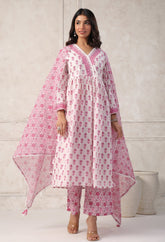 WHITE PINK FLROAL PRINTED KURTA SET WITH DORIYA DUPATTA (Copy) - Tara - C - Tara