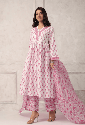 WHITE PINK FLROAL PRINTED KURTA SET WITH DORIYA DUPATTA (Copy) - Tara - C - Tara