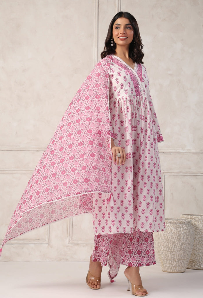 WHITE PINK FLROAL PRINTED KURTA SET WITH DORIYA DUPATTA (Copy) - Tara - C - Tara