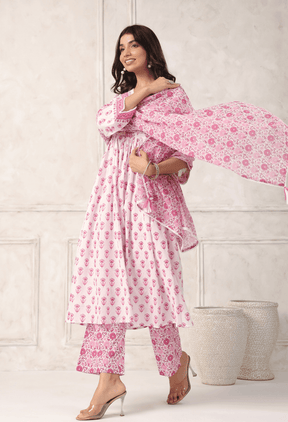 WHITE PINK FLROAL PRINTED KURTA SET WITH DORIYA DUPATTA (Copy) - Tara - C - Tara