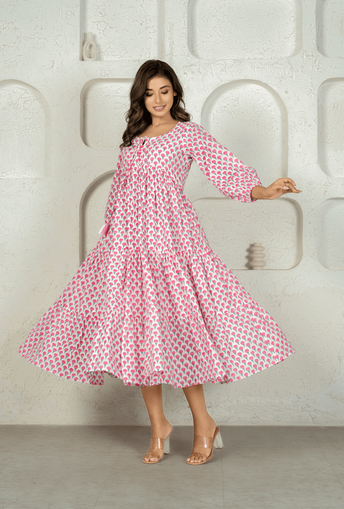 White Pink Tiered Dress - Tara - C - Tara