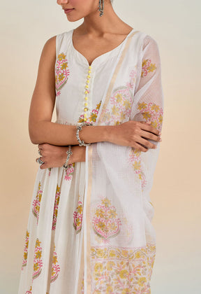 WHITE SLEEVELESS HAND BLOCK PRINTED KURTA SET WITH DUPATTA - Tara - C - Tara