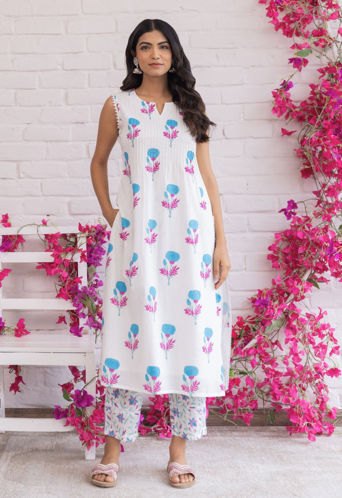 WHITE SLEEVELESS HAND BLOCK PRINTED KURTA WITH BOTTOMS - Tara - C - Tara