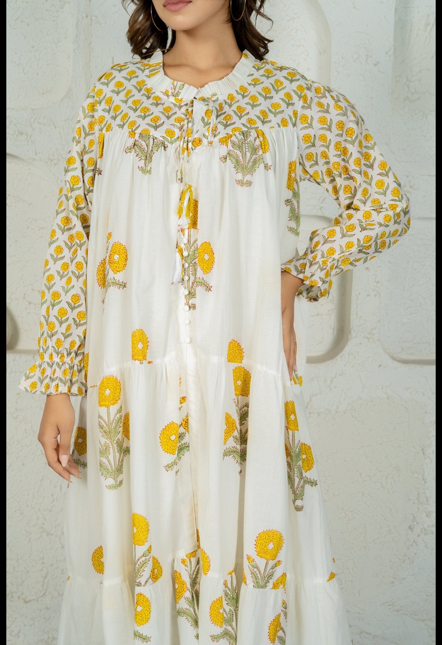 WHITE YELLOW FLORAL BUTA HAND BLOCK PRINTED DRESS - Tara - C - Tara