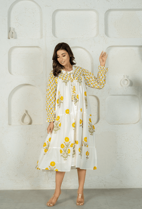 WHITE YELLOW FLORAL BUTA HAND BLOCK PRINTED DRESS - Tara - C - Tara