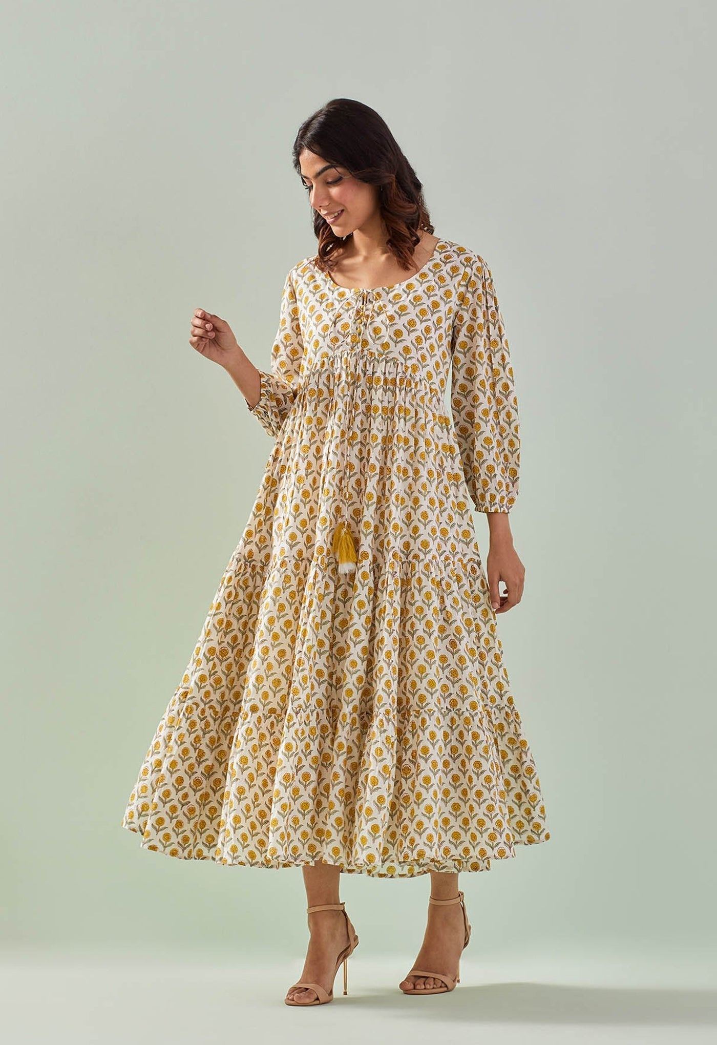 WHITE YELLOW TIERED DRESS - Tara - C - Tara