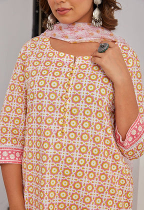 Yellow Abstract Hand Block Printed Kurta Set with Dupatta - Tara - C - Tara