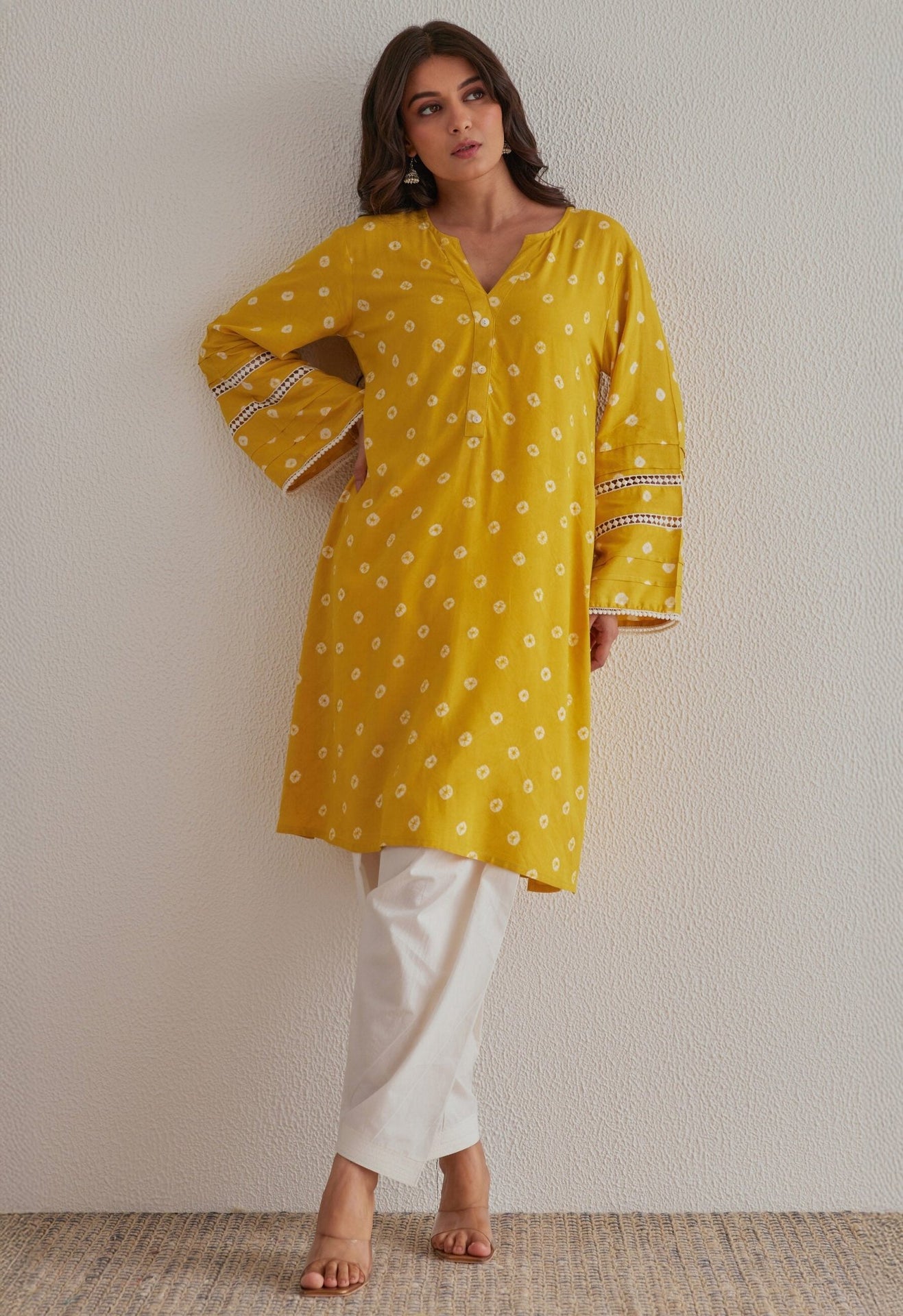 Yellow Bandhej Hand Tie Dye Coord Set With Salwar - Tara - C - Tara