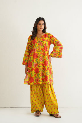 Yellow Cotton Floral Farshi Salwar Coord Set - Tara - C - Tara