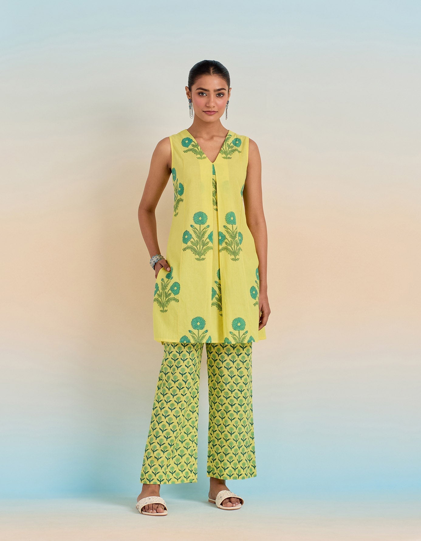 YELLOW COTTON HAND BLOCK PRINTED COORD SET - Tara - C - Tara